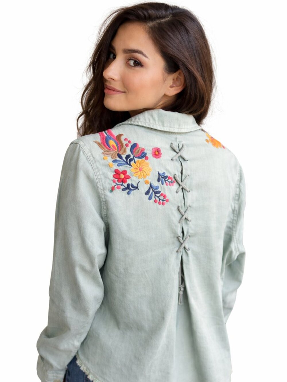 Billy T. shirt jacket, embroidered front & back, corset style lace-up back, boho